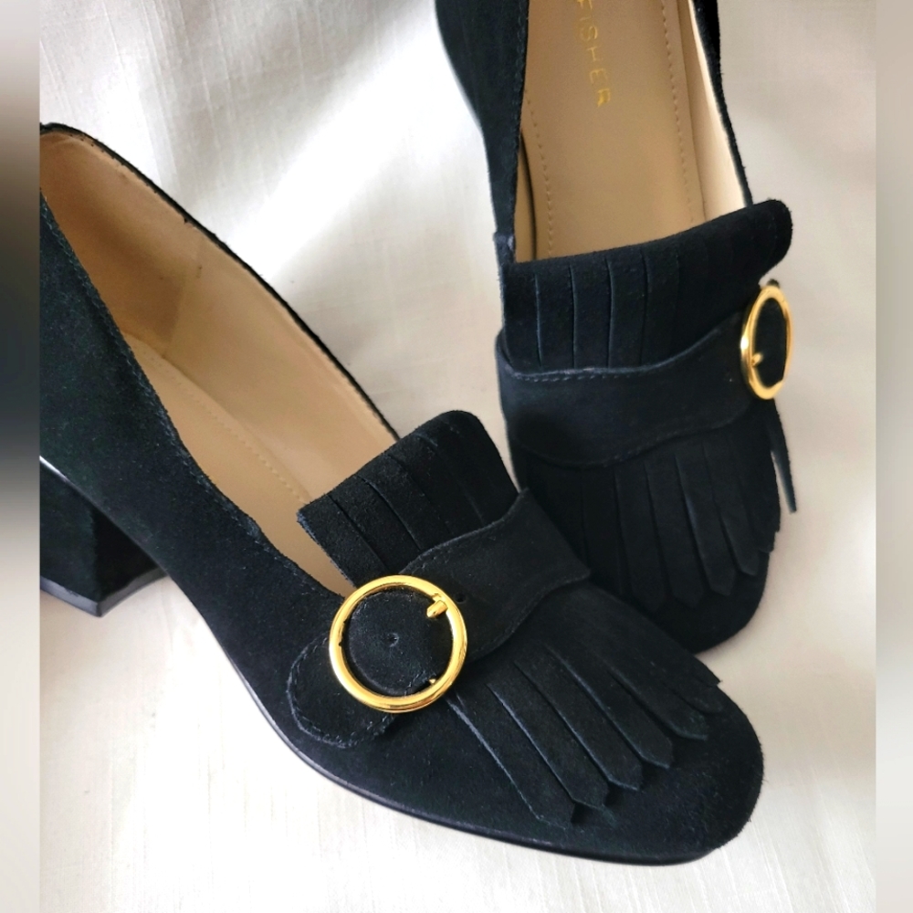 Mark Fisher Black Suede Block Heel & Fringe Loafer size 6 - Picture 2 of 15